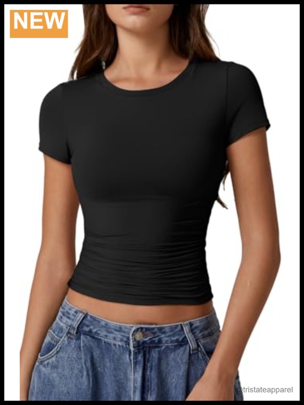 Women's Double Lined Ruched Crop Top Crew Neck Short Sleeve Y2k Tee